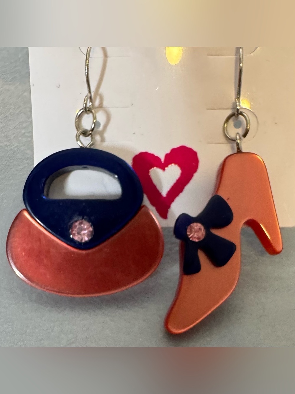 Stylish mauve pink and Navy Purse & Heel Dangle Earrings novelty cute fab